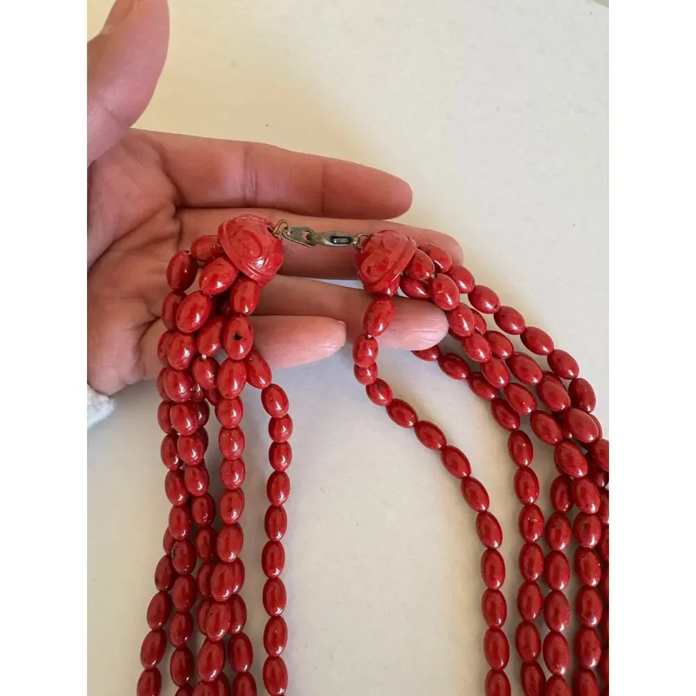 Vintage Red Black Speckled Multi Strand Long Fused Acrylic Beaded Necklace artsy